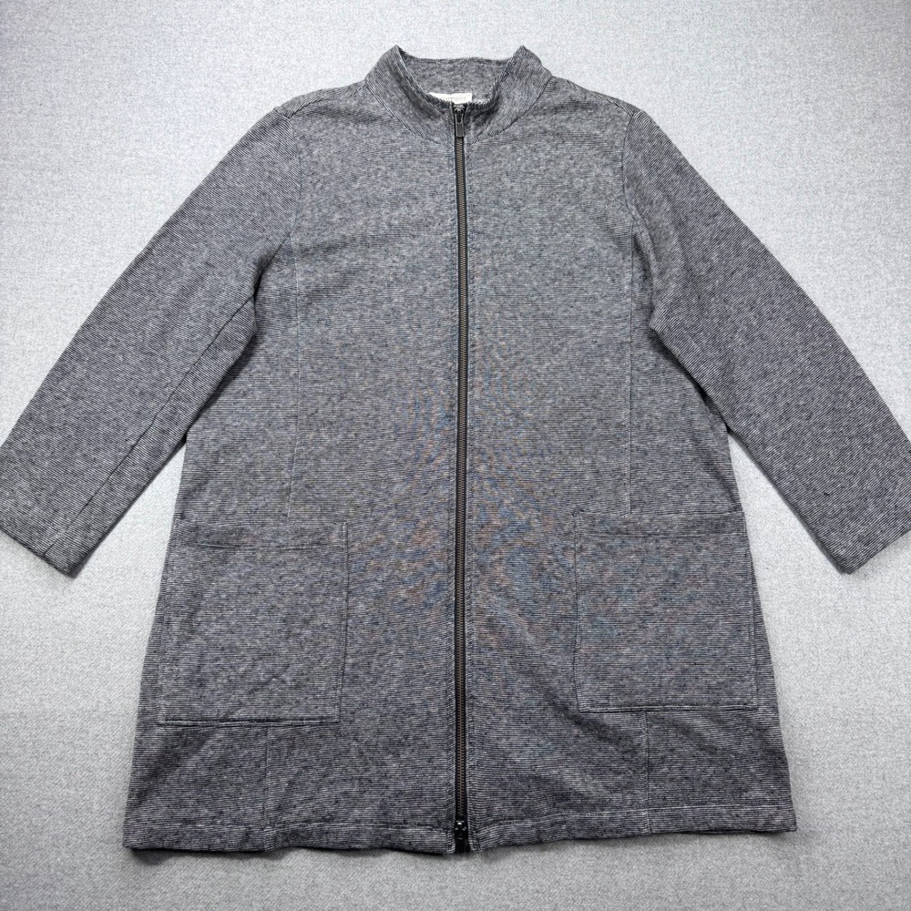 Eileen Fisher Gray Marled Knit Zip Front Jacket Cardigan Sweater Hemp Blend Sz L